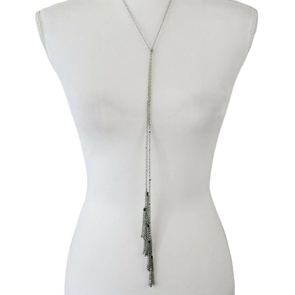 Lariat Necklace Cato With Silver Tone Chain & Layers of Tassels W/ Crystal Ends